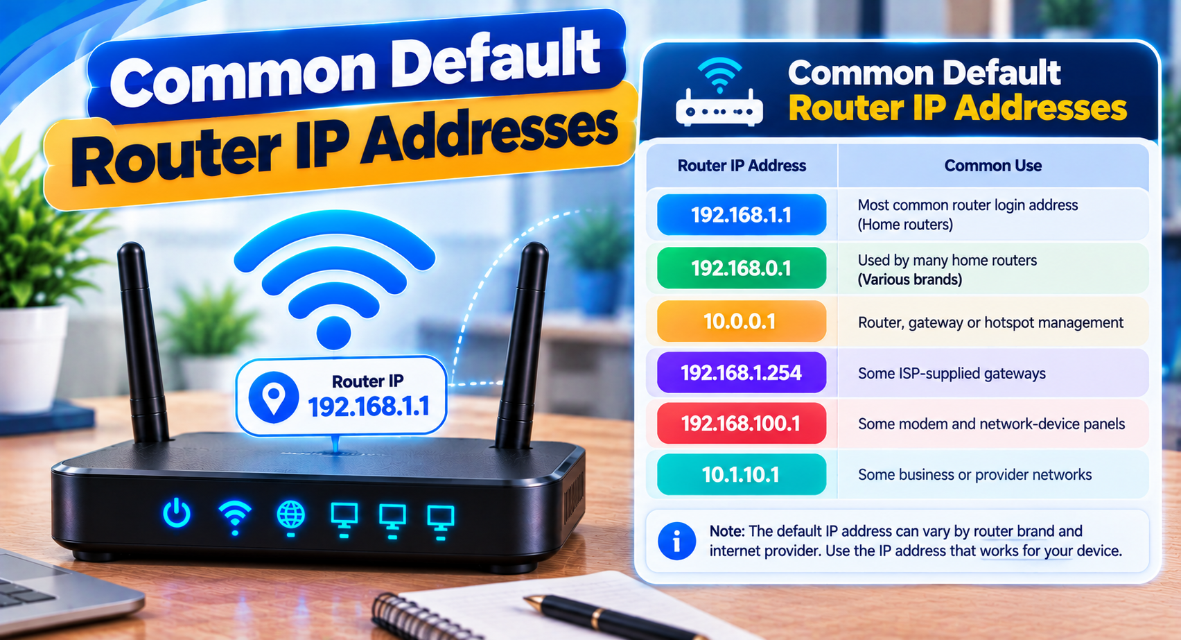 Common default router IP addresses like 192.168.1.1, 192.168.0.1 and 10.0.0.1
