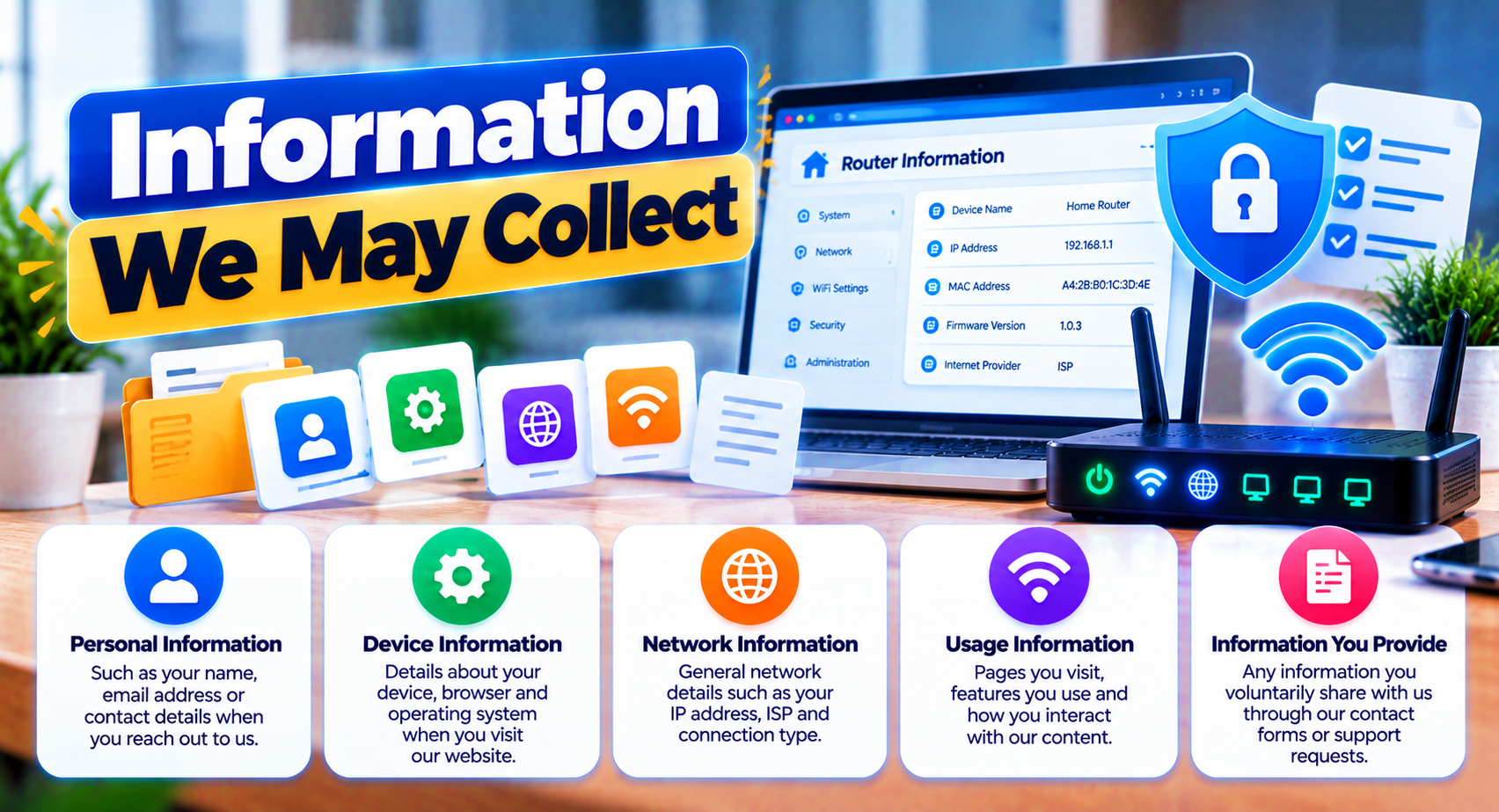 Privacy policy – types of information we may collect: personal, device, network and usage information