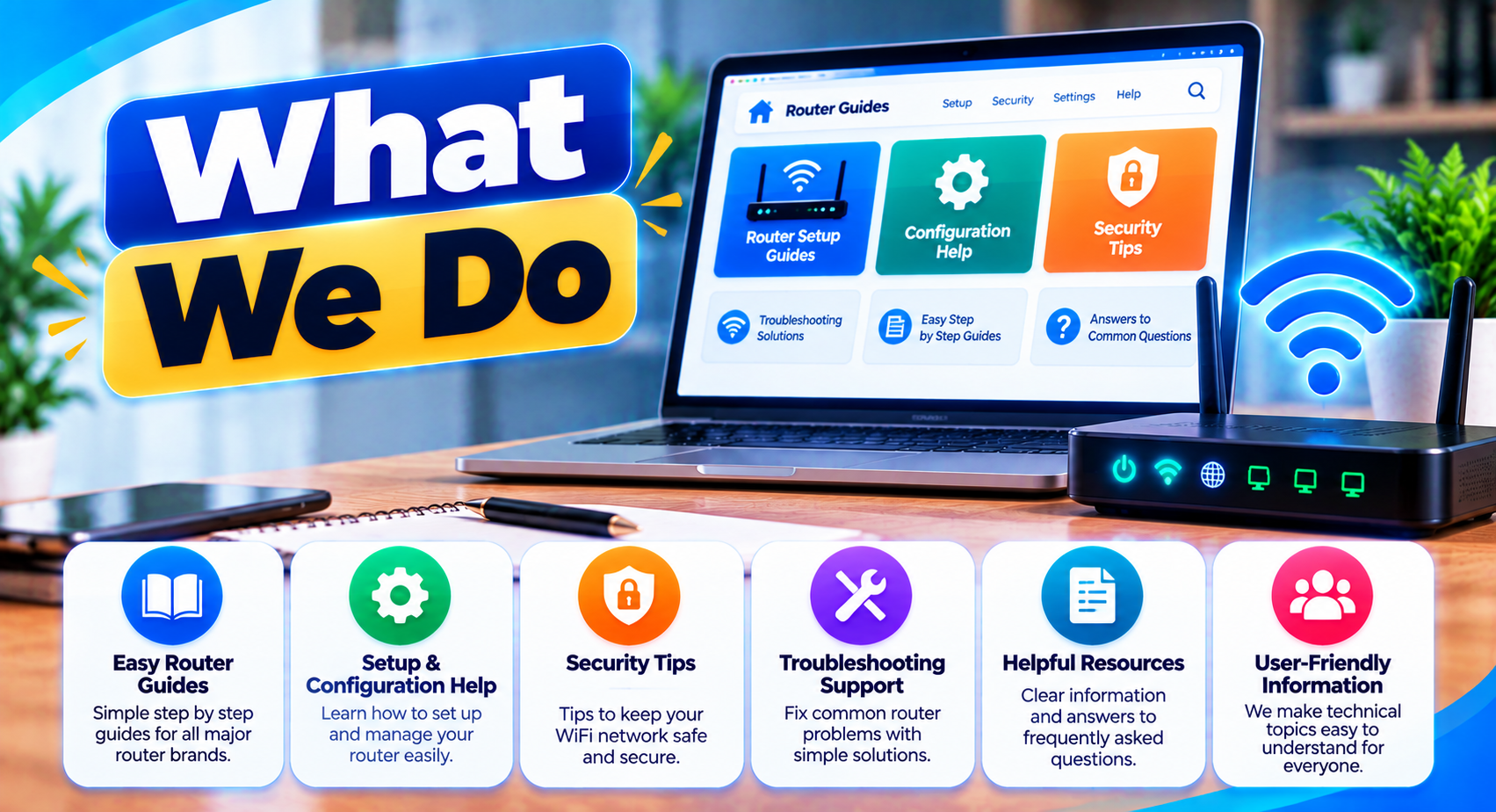 About us – what we do: easy router guides, setup help, security tips and troubleshooting support