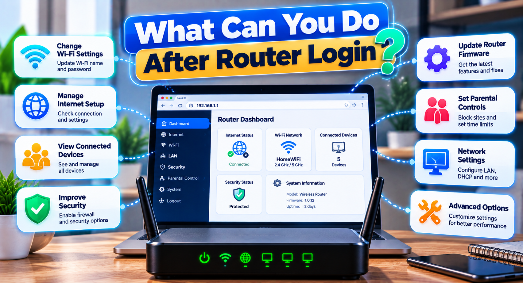 Router dashboard after router login – WiFi settings, connected devices and security options